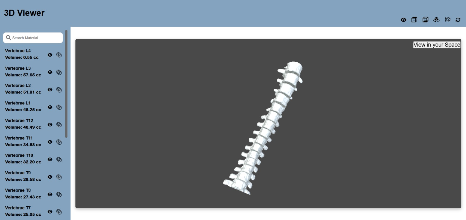 ImagiXAI 3D viewer showing an automatically generated vertebrae model